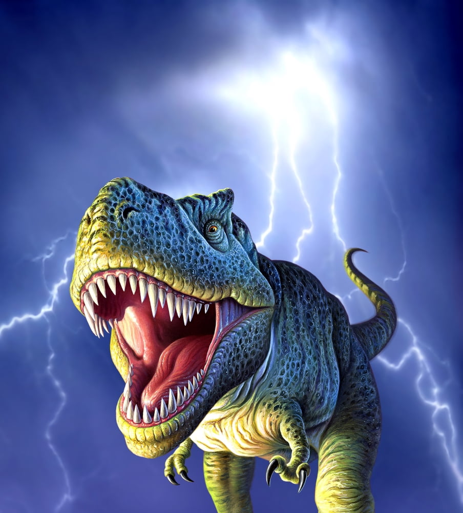 A Tyrannosaurus Rex with a blue stormy sky and lightning behind it Canvas Art - Jerry LoFaroStocktrek Images (14 x 15)