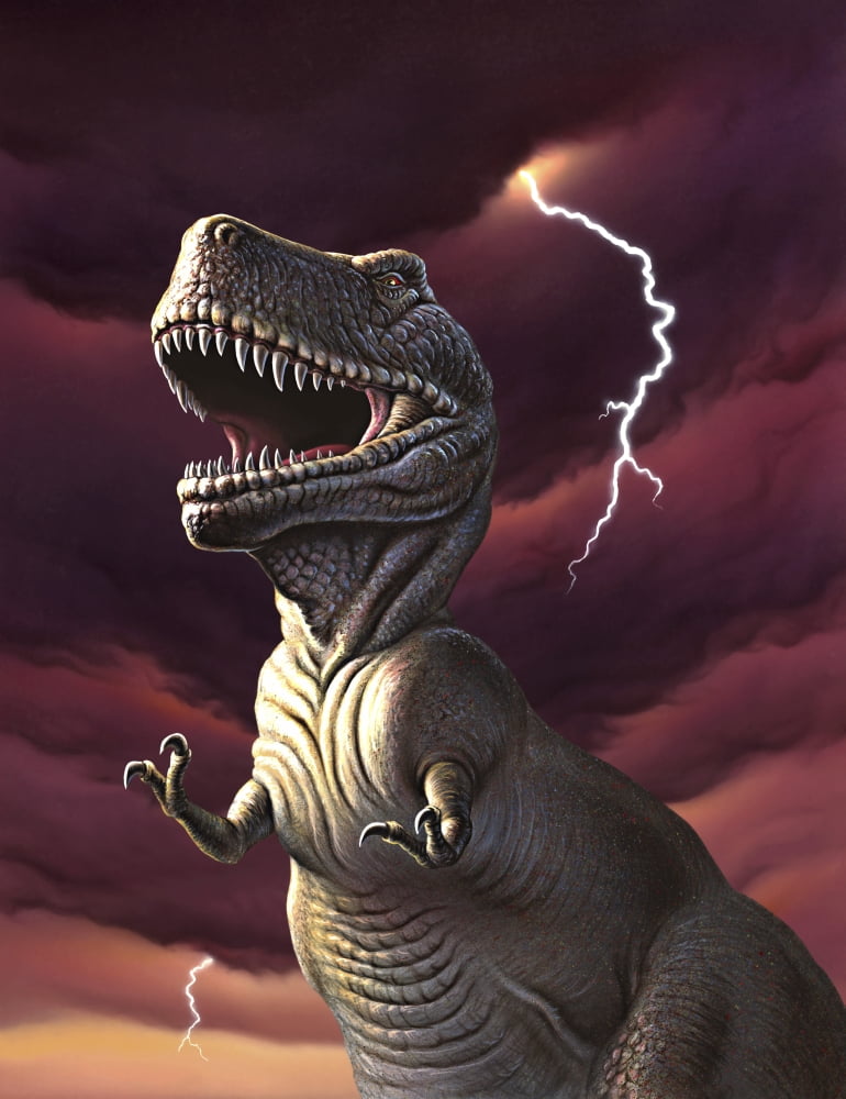 A Tyrannosaurus Rex with a red stormy sky and lightning behind it Canvas Art - Jerry LoFaroStocktrek Images (13 x 17)