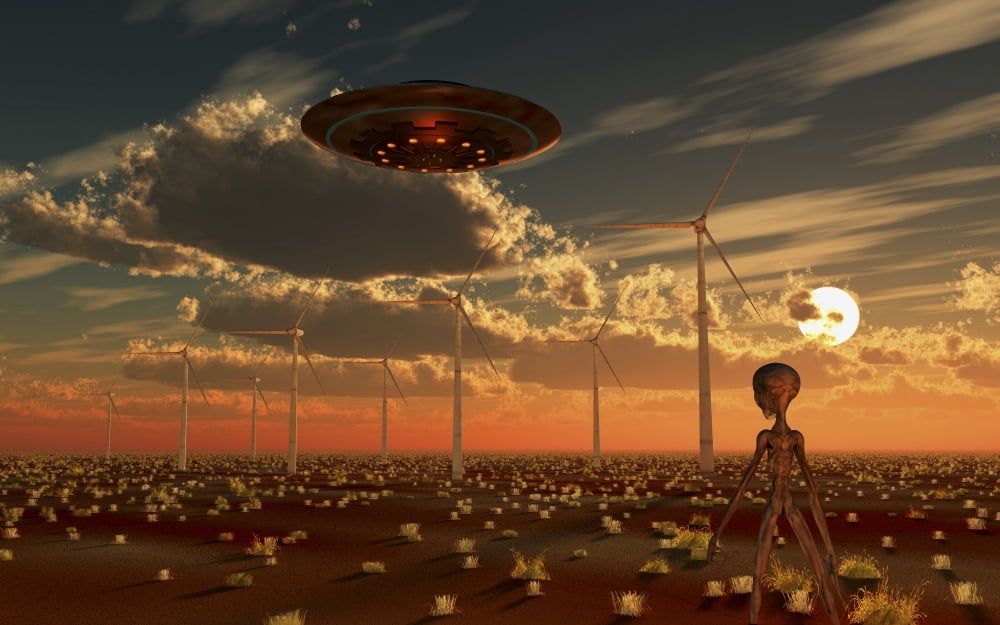 A UFO and alien on a desert wind farm Canvas Art - Mark StevensonStocktrek Images (36 x 23)