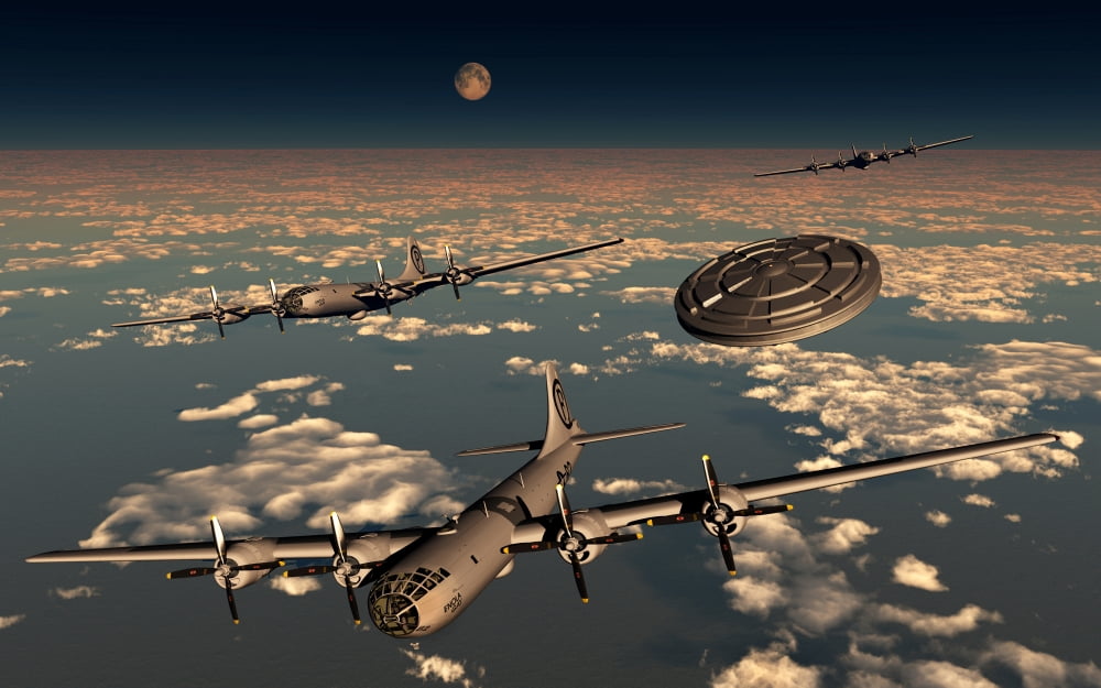 A UFO buzzing a group of B-29 Superfortress aircraft Canvas Art - Mark StevensonStocktrek Images (18 x 12)