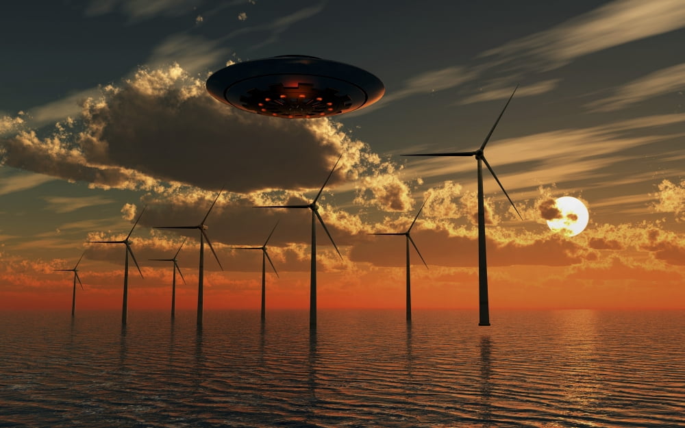A UFO flying above an ocean wind farm at sunset Canvas Art - Mark StevensonStocktrek Images (36 x 23)
