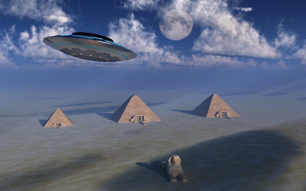 A UFO flying over the Giza Plateau in Egypt Canvas Art - Mark StevensonStocktrek Images (18 x 12)