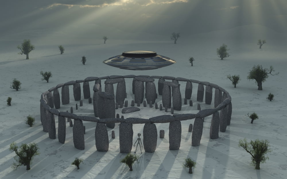 A UFO & its alien crew visiting Stonehenge Canvas Art - Mark StevensonStocktrek Images (36 x 23)