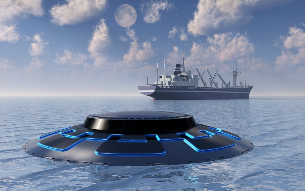 A UFO surfacing from underwater and following a modern day freighter Canvas Art - Mark StevensonStocktrek Images (36 x 23)
