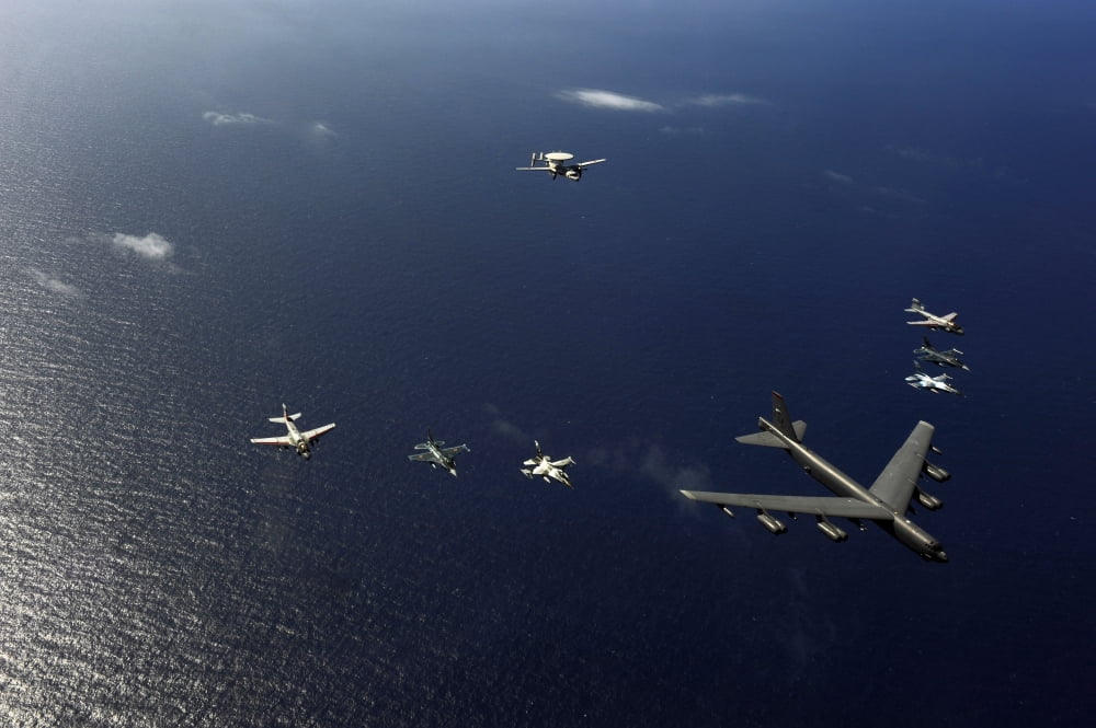 A US Air Force B-52 Stratofortress aircraft leads a formation of aircraft Canvas Art - Stocktrek Images (34 x 23)