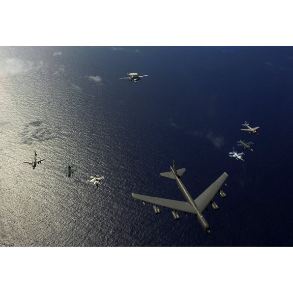 A US Air Force B-52 Stratofortress aircraft leads a formation of aircraft Canvas Art - Stocktrek Images (34 x 24)