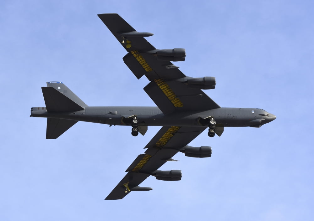A US Air Force B-52G Stratofortress prepares for landing Canvas Art - Riccardo NiccoliStocktrek Images (33 x 24)