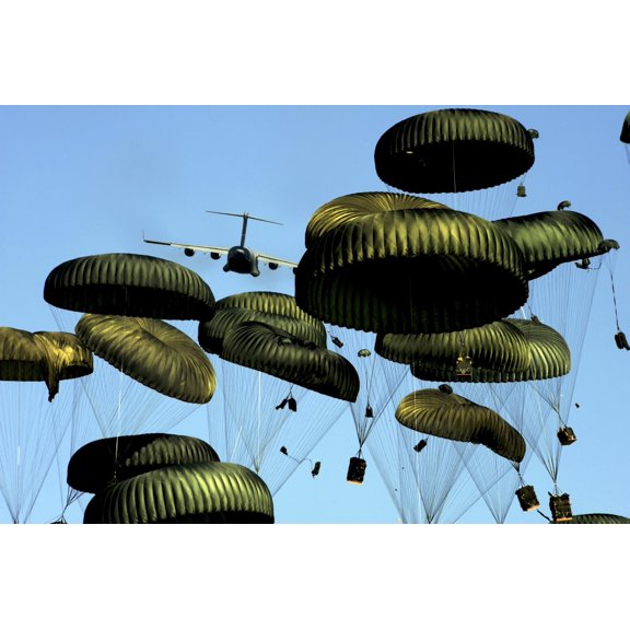 A US Air Force C-17 Globemaster III airdrops pallets to Port-au-Prince Haiti Canvas Art - Stocktrek Images (34 x 23)