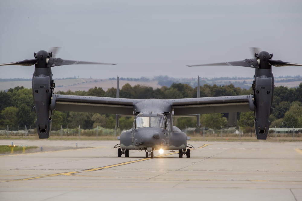 A US Air Force CV-22B Osprey taxiing on the runway Canvas Art - Timm ZiegenthalerStocktrek Images (34 x 23)