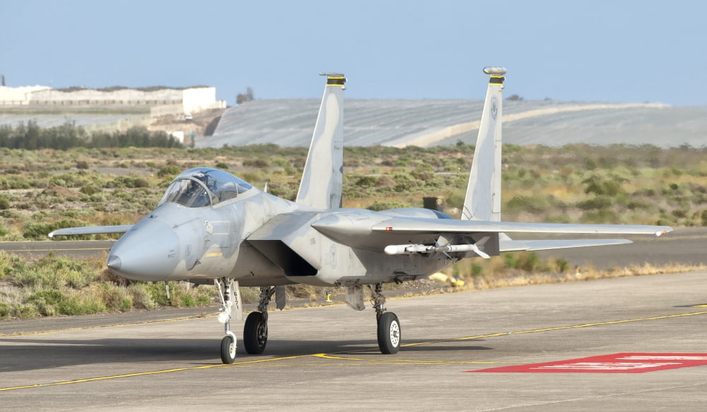 A US Air Force F-15C Eagle on the flight line at Gando Air Base Spain Canvas Art - Giovanni CollaStocktrek Images (38 x 22)