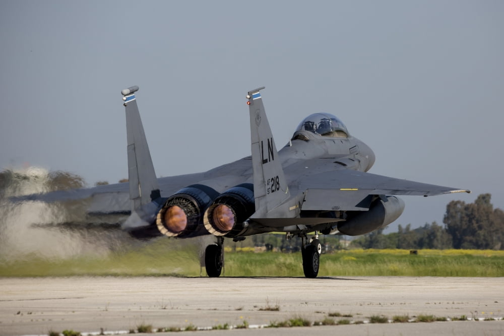 A US Air Force F-15E Strike Eagle taking off Canvas Art - Timm ZiegenthalerStocktrek Images (17 x 12)
