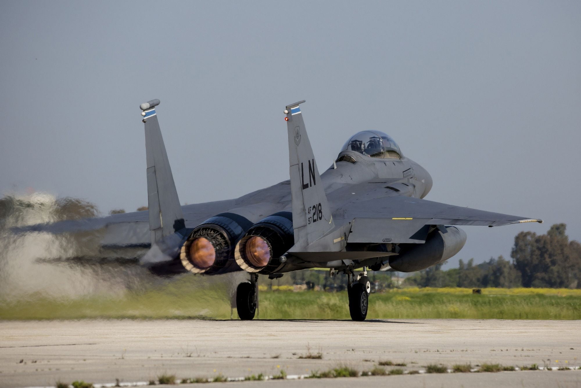 A US Air Force F-15E Strike Eagle taking off Canvas Art - Timm ZiegenthalerStocktrek Images (34 x 23)
