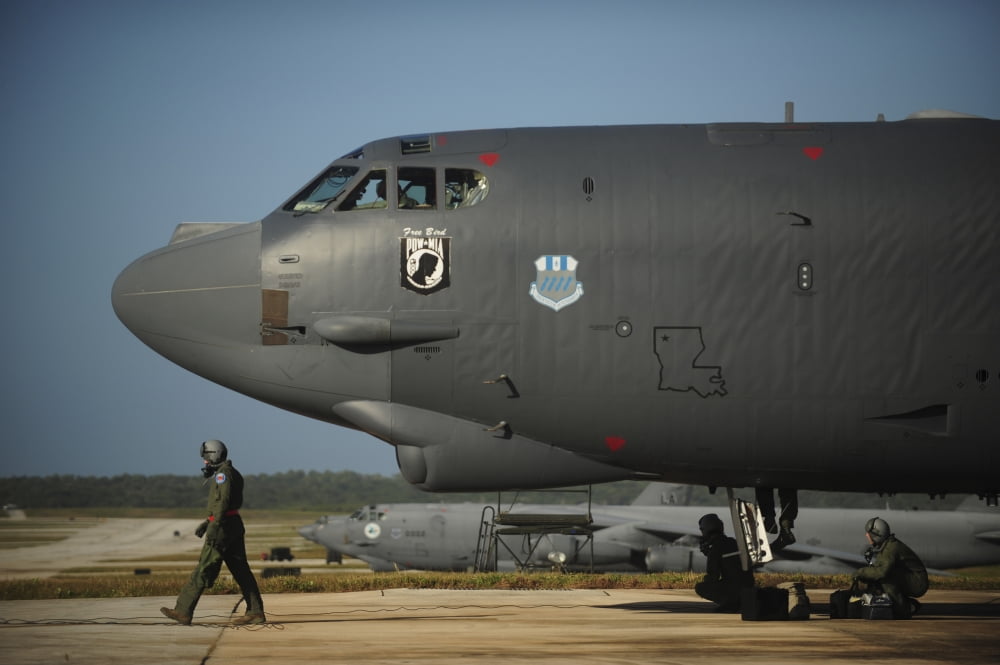 A US Air Force aircrew prepares a B-52 Stratofortress aircraft for a mission Canvas Art - Stocktrek Images (34 x 23)