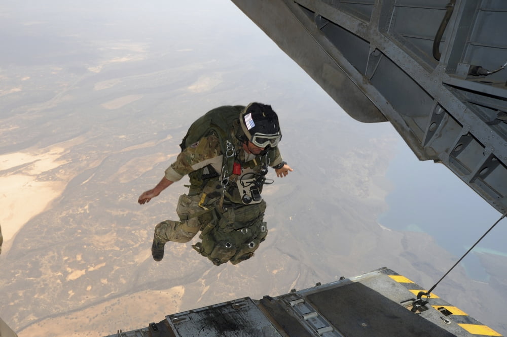 A US Air Force pararescueman jumps from a CH-53E Super Stallion Canvas Art - Stocktrek Images (35 x 23)