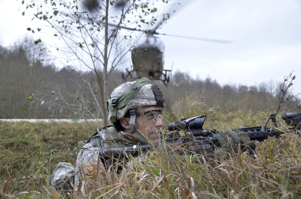 A US Army Soldier pulls security during a situational training exercise Canvas Art - Stocktrek Images (35 x 23)