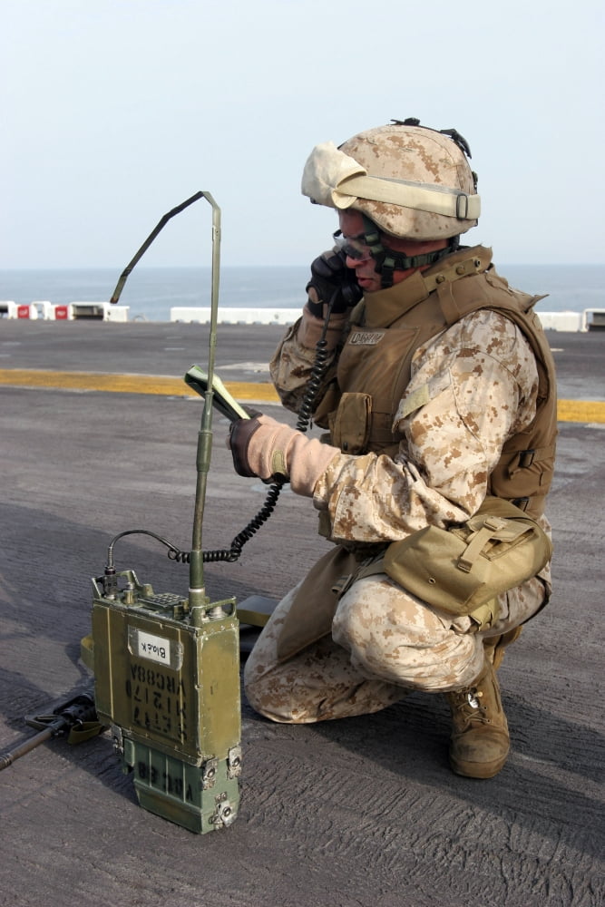 A US Marine calls in a simulated casualty report Canvas Art - Stocktrek Images (23 x 34)