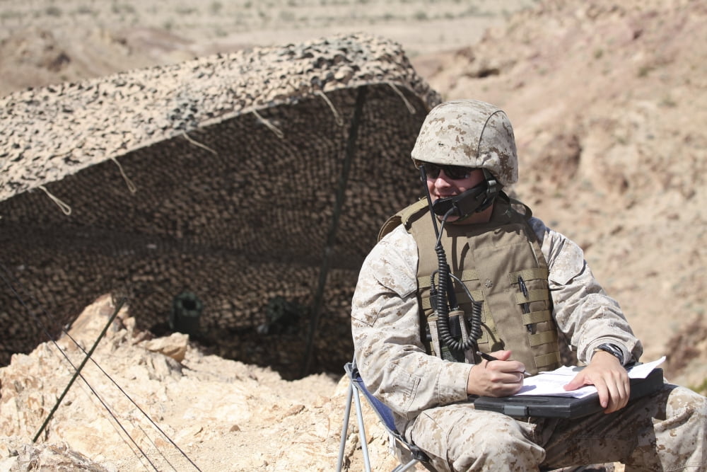 A US Marine communicates with close air support at an observation point Canvas Art - Stocktrek Images (35 x 23)