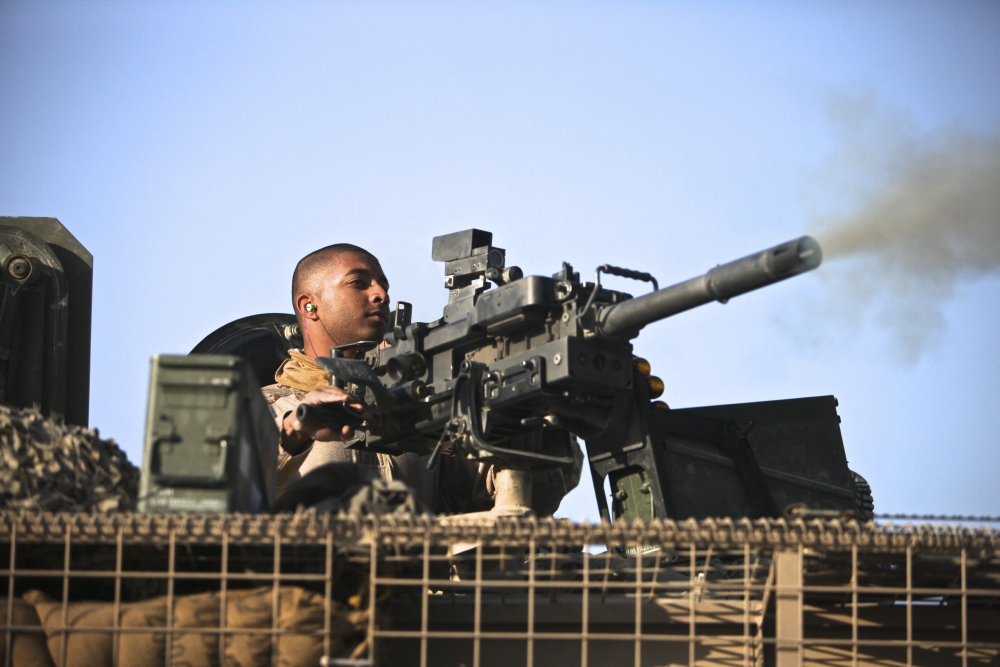 A US Marine fires a GMG automatic grenade launcher Canvas Art - Terry MooreStocktrek Images (35 x 24)