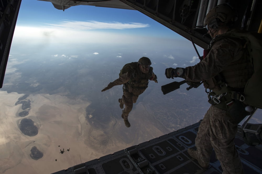 A US Marines jumps from a HC-130 over Djibouti Canvas Art - Stocktrek Images (34 x 23)