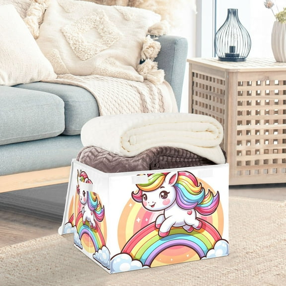 A Unicorn on Rainbow Storage Basket Foldable Laundry Basket Shelf Kids Toy Storage Container Organizer with Handles
