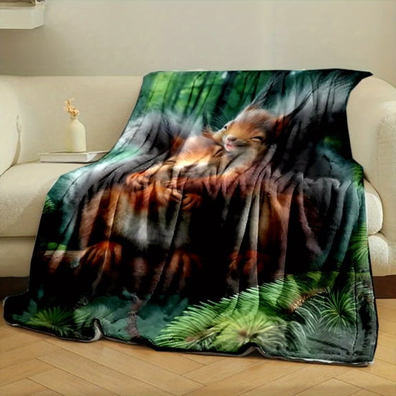 A Universal Small Blanket Featuring a Pattern of Two Squirrels Embracing.