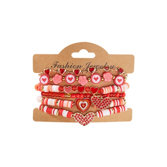 A Valentine'S Day Heart Bracelet Set 5 Pieces Polymer Clay Beads Crystal Design For Women