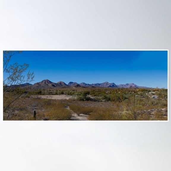 A Vast Desert Landscape Stretches Towards A Range Of Rugged Mountains Under A Clear Blue Sky Poster Wall Art, Modern Wall Decor, 8x12 UNFRAMED