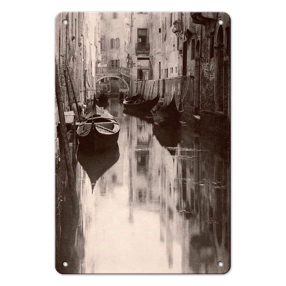 A Venetian Canal - Venice - Vintage B&W Photograph by Alfred Stieglitz - 8 x 12 inch Vintage Metal Tin Sign