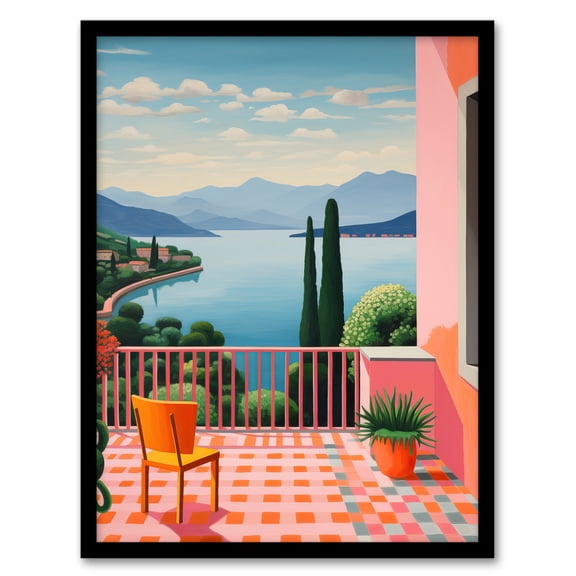 A Veranda In Italy Oil Painting Blue Pink Green Peaceful Morning in Mediterranean Holiday Villa Art Print Framed Poster Wall Decor 12x16 inch