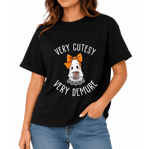 A Very Cute And Demure Halloween Ghost With A Coffee Cup T-Shirt, Suitable For Fall Clothing And Graphic Tees Tops For Women