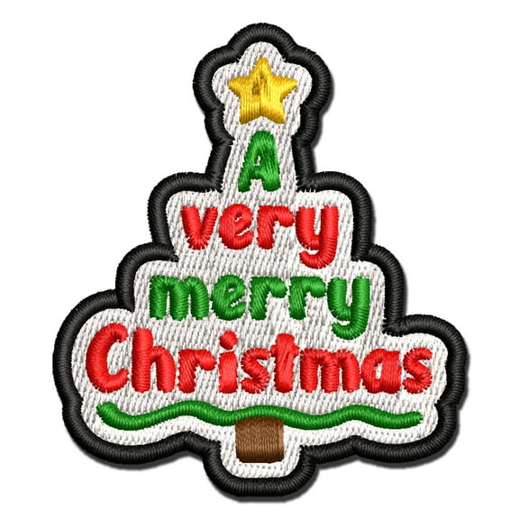 A Very Merry Christmas Tree Applique Multi-Color Embroidered Iron-On Patch - 2.0 Inch Mini