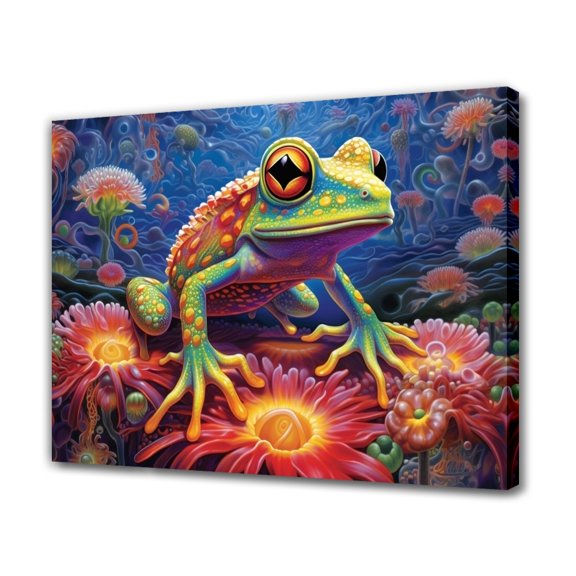 A Vibrant Frog Adorned With Orange-red And Black Eyes Sits Atop A Bouquet Of Colorful Flowers Canvas Poster Bedroom Decor Sports Landscape Office Room Decor Gift,Frame-style,12x18inch(30x45cm)