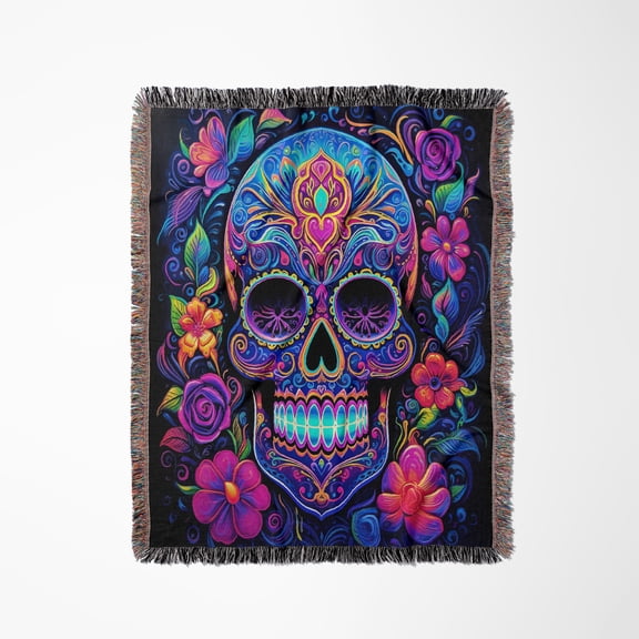 A Vibrant, Neon-Colored Sugar Skull With Flowers In Blacklight Style., Woven Blanket