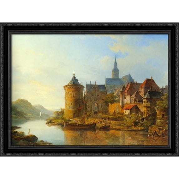 A View of a Town along the Rhine 38x28 Large Black Ornate Wood Framed Canvas Art by Cornelis Springer