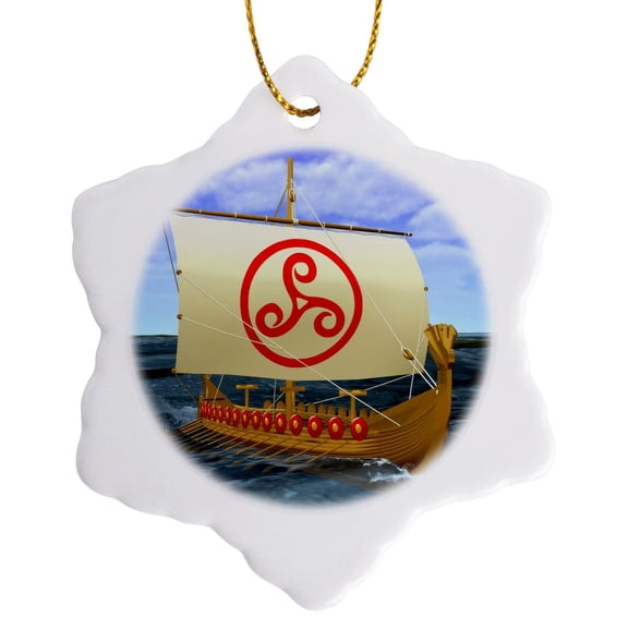 3drose, a Viking Boat Sailing on the Ocean with Sail Unfurled, 3 inch Snowflake Porcelain Ornament