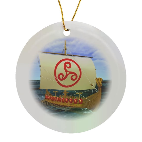 3drose, a Viking Boat Sailing on the Ocean with Sail Unfurled, Circle Porcelain Ornament