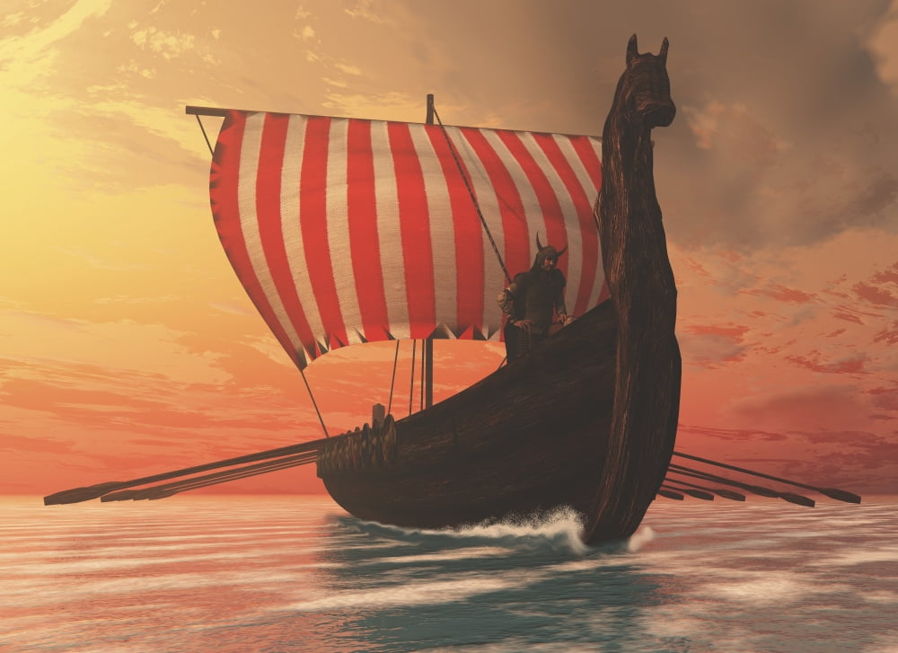 A Viking longboat sails to new shores Canvas Art - Corey FordStocktrek Images (33 x 24)