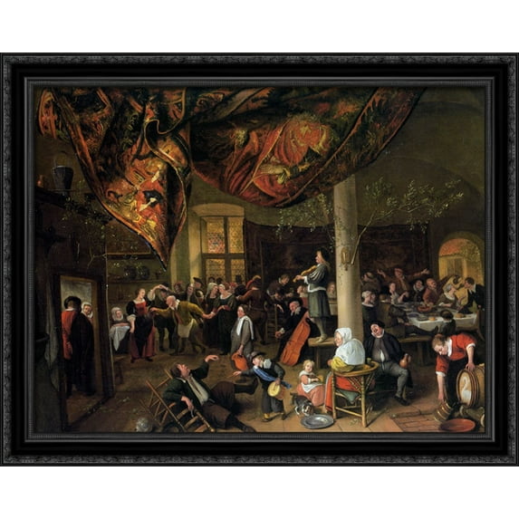 A Village Wedding Feast with Revellers and a dancing Party 36x28 Large Black Ornate Wood Framed Canvas Art by Jan Steen