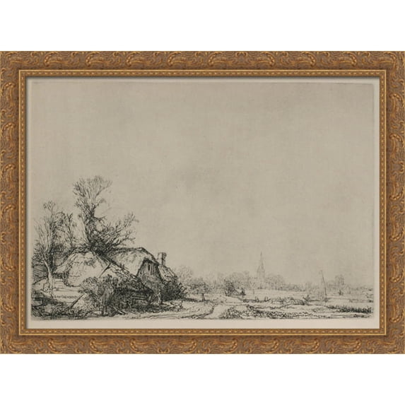 A Village with a River 38x28 Large Gold Ornate Wood Framed Canvas Art by Rembrandt