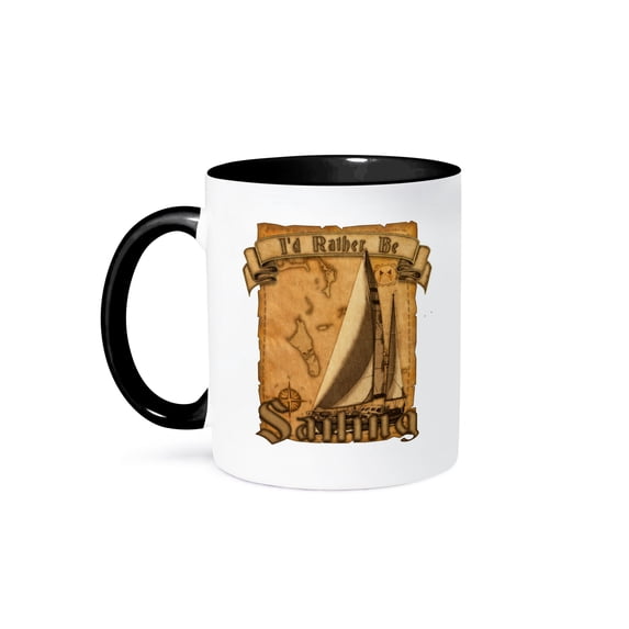 3dRose, A vintage style nautical map and sailboat I'd Rather Be Sailing., 15oz Two-Tone Black Mug