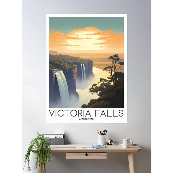 A Vintage Travel Illustration Of Victoria Falls - Zimbabwe Poster Wall Art, Modern Wall Decor For Living Room Bedroom, 16x24 UNFRAMED