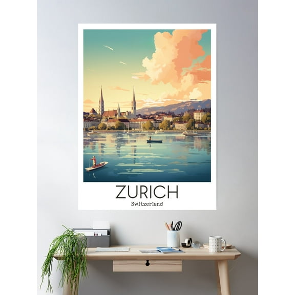 A Vintage Travel Illustration Of Zurich - Switzerland Poster Wall Art, Modern Wall Decor For Living Room Bedroom, 24x36 UNFRAMED