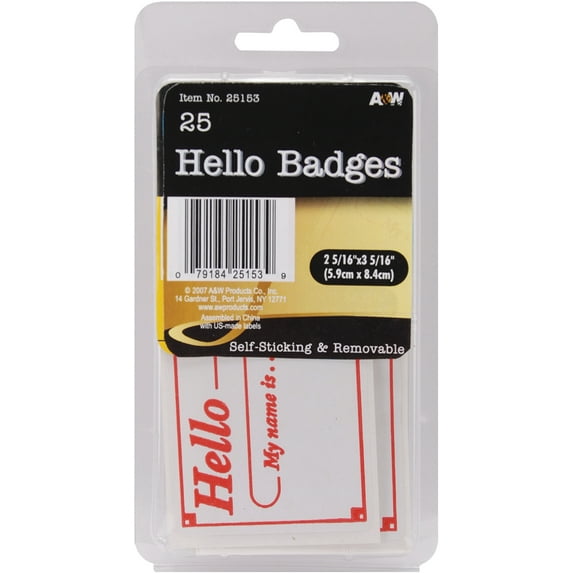 A & W Office Supplies Hello Badges 2.3125"X3.3125" 25/Pkg