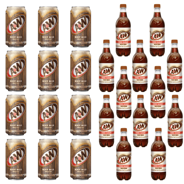 A&W Root Beer & A&W Zero Sugar Root Beer, 16.9 fl oz Bottles, 24