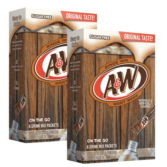A&W Root Beer Caffeine and Sugar-Free Non-Carbonated Soda Pop Classic On-the-Go Water Drink Mix Packets for Lunch Picnics Gym Bags Backpack & Pocket - 2 BOXES (12 servings)