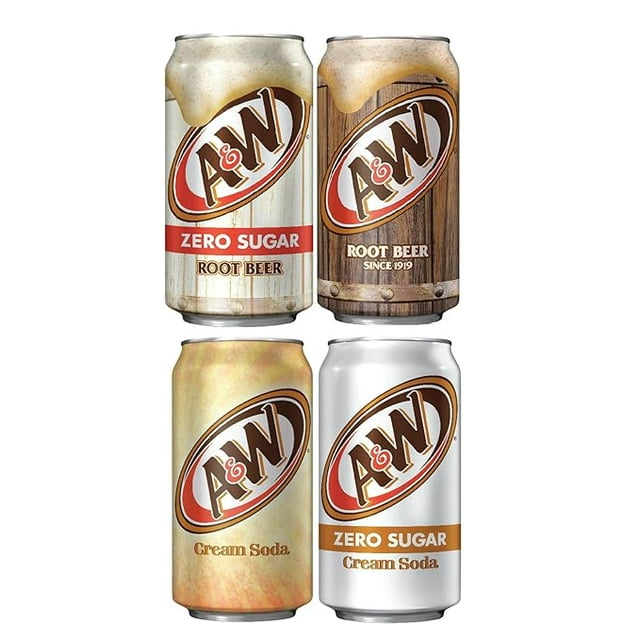A&W Root Beer Classic Timeless Taste Softdrinks, 12 Fl Ountc (Cream Soda (Zero Sugar), Root Beer (Zero Sugar) Pack of 4
