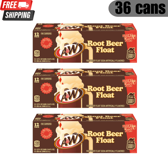 A&W Root Beer Float Soda, 12 fl oz Cans, 36 Pack, Creamy Root Beer Float Flavored Soft Drink