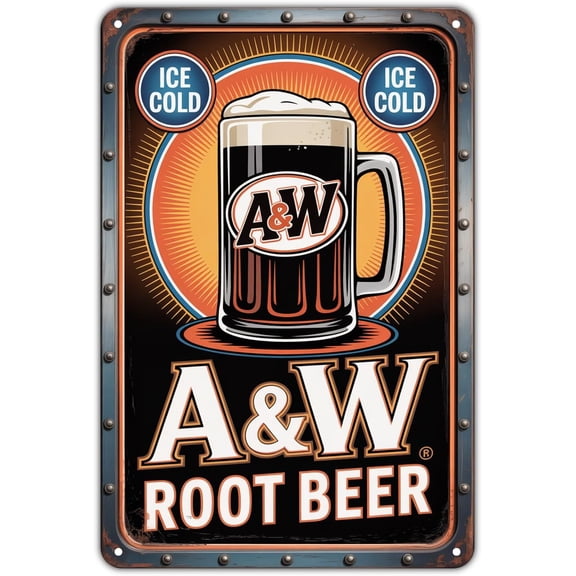 A&W Root Beer Ice Cold Beverage tin sign Vintage Diner Bar Metal Sign Print Aesthetic for Garden Yard Bar Porch Home Bedroom Kitchen Wall Decor Decor Gift 8 x 12 inch