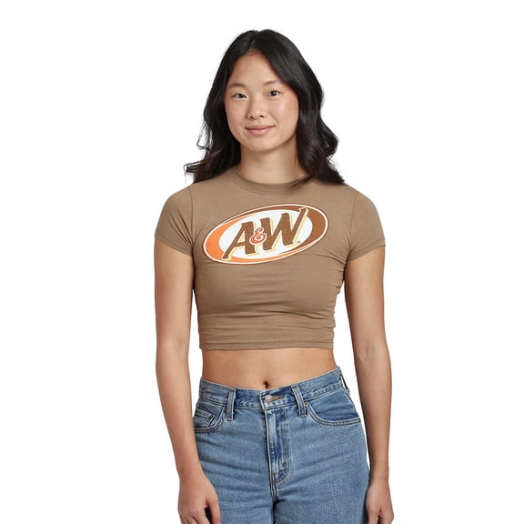 A&W Root Beer Logo Women's Brown Mineral Wash Crew Neck Short Sleeve Cropped Baby Tee-Medium