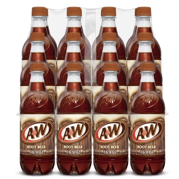 A&W Root Beer Soda, 16.9 fl oz Bottles, 12-Pack, Caffeine-Free Soft Drink